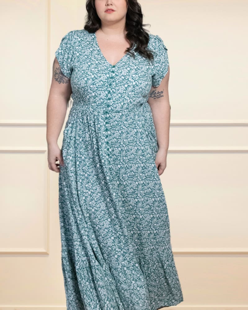 Front of a model wearing a size 1X Flora Maxi Dress Ditsy Print Green in Green by ANNICK. | dia_product_style_image_id:268731